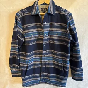 Pendleton Striped Blue/Gray Sherpa Lined Snap Front Shirt Jacket Men Size Small - Picture 1 of 7