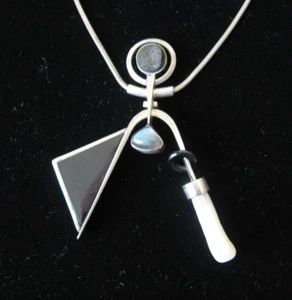 Mid-Century Modern Sterling Necklace with Pearl, Moonstone, Onyx & Black Crystal - Picture 1 of 5