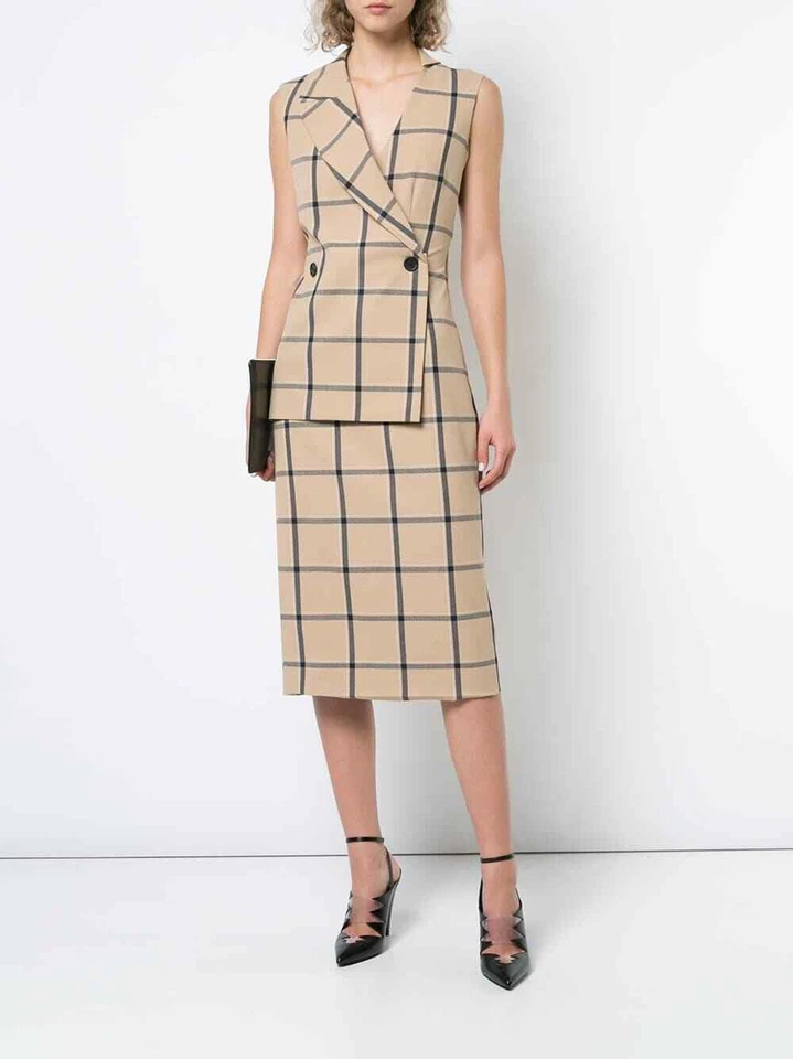 MONSE Beige Black Plaid Check MON LOUISE Wrap Tuxedo Sleeveless Midi Dress 12 US - Image 1 of 4