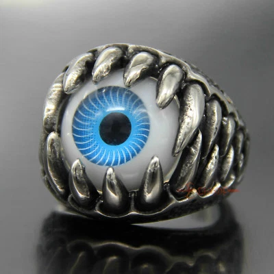 Anillo retro plateado calavera dientes acero inoxidable motociclista fiesta dientes mal de ojo azul para hombre Foto 1 de 4