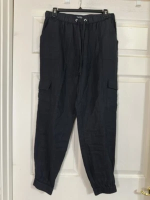 Nicole Miller 100% Linen BLK Cargo Jogger Pants Elastic Waist Drawstring Size L - Image 1 of 4