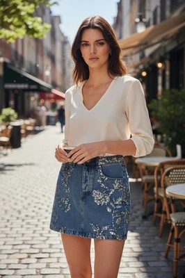 Mini-saia jeans lantejoula floral Nasty Gal azul brilho festa tamanho 2 falha - Imagem 1 de 4