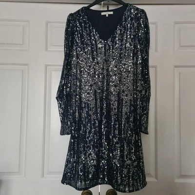 Next Size 12 Navy And Silver Sequin Dress Evening Christmas Party - Image 1 of 4