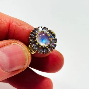 Sri Lanka Moonstone Cocktail ring 925 Silver GOLD plated Tanzanite stones Size N - Picture 1 of 8