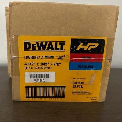 Box 25 | DeWalt 4 1/2" x .045" x 7/8 " Grinder Stainless & Metal Cutting Wheels  - Image 1 of 3