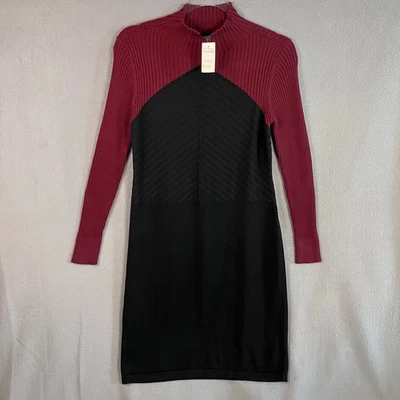 Ann Taylor Women's Petite Knee-Length Sweater Dress Size MP Burgundy Black NWT - Image 1 of 4