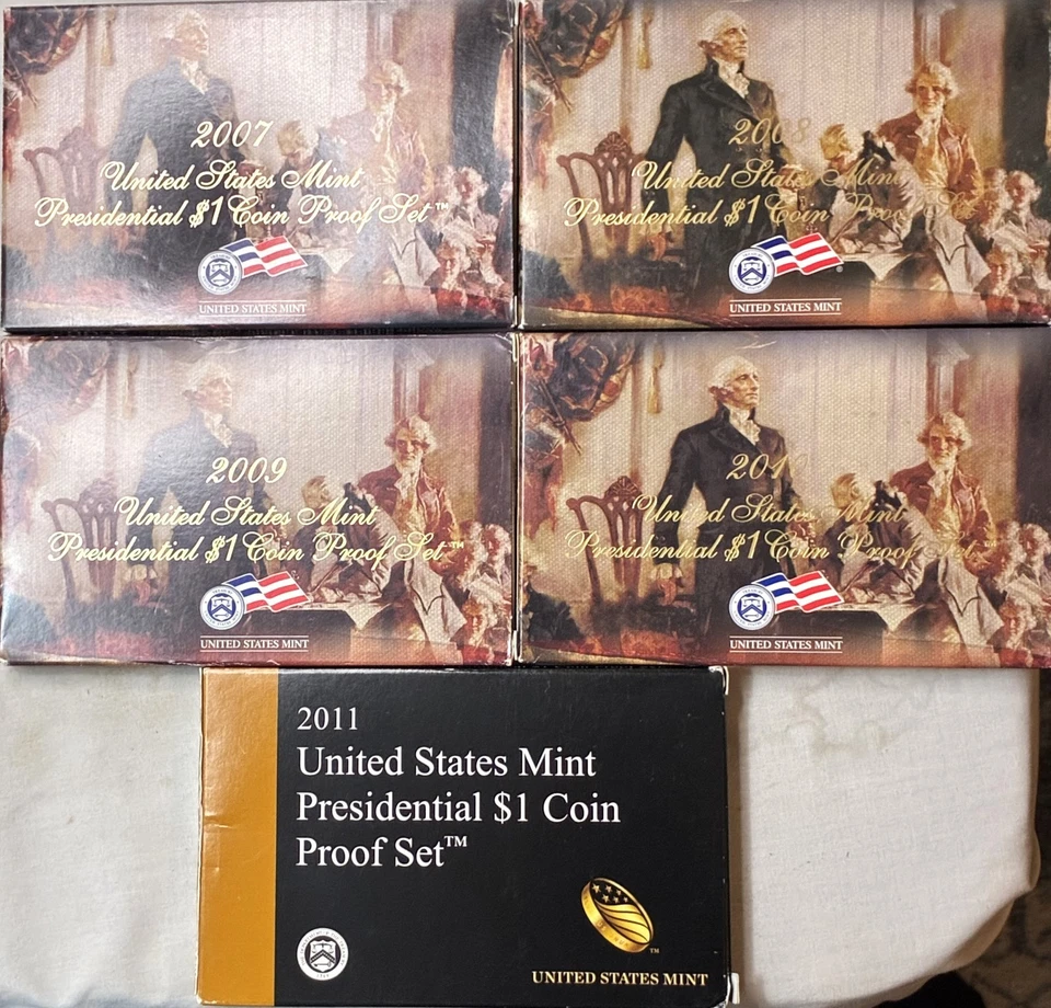2007 2008 2009 2010 2011 US Mint Presidential $1 Coin Proof Sets w Box & COA's - Image 1 of 3