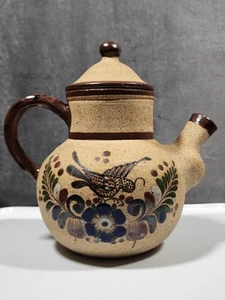 Vintage TONALA NETZI Mexican Sandstone Pottery BIRD FLORAL Folk Art TEAPOT - Picture 1 of 12