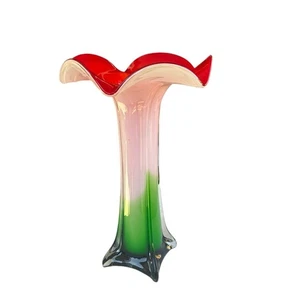 Murano Style Art Glass Vase Red White Green Ruffled Sommerso Mid Century 14.5” - Picture 1 of 5