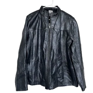 Chicos Black Gray Leather Animal Print Long Sleeve Full Zip Jacket Sz 3 (XL) - Picture 1 of 9