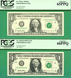 TWO MATCHING BINARY SERIALS 03303003 - $1 FRN - both 1995 - PCGS GEM 65 & 66 PPQ - Picture 1 of 2