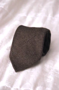 RARE OLOF 1982 Mocha Brown Glen Plaid Check Hand Rolled Unlined Wool Tweed Tie - Picture 1 of 14