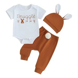 Newborn Baby Boy Easter Outfit Letter Print Short Sleeve Romper Pompom Tail L... - Picture 1 of 7