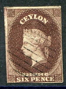 Ceilán 1857-59 imperfecto. 6d púrpura-marrón SG 6 usado: cuatro márgenes (cat. £160) 'A' - Imagen 1 de 2