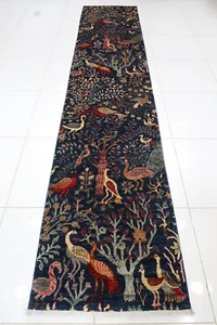 13 ft Tribal Birds Blue Animal Runner Rug Afghan Hand Knotted Veg Dyes wool Rug - Picture 1 of 10