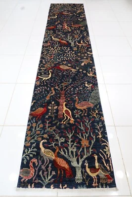 13 ft Tribal Birds Blue Animal Runner Rug Afghan Hand Knotted Veg Dyes wool Rug - Image 1 of 4