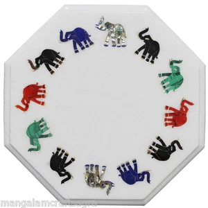 12" Marble Corner Table Top Elephant Inlay Handmade Work For Home Decor & Gifts - Picture 1 of 1