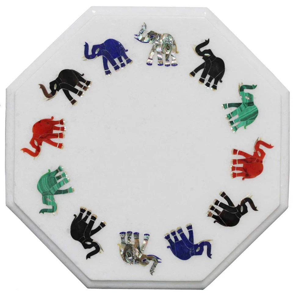 12" Marble Corner Table Top Elephant Inlay Handmade Work For Home Decor & Gifts - Image 1 of 1