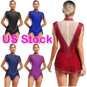 Womens Sparkling Tassel Gymnastics Latin Dance Dress Leotard Fringe Bodysuit - Picture 1 of 47