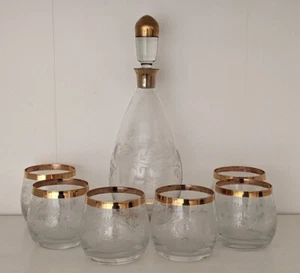 Vintage Likör Glas Karaffe + 6 Whiskey Gläser Gold Dekor Vogel Gravur 60er - Bild 1 von 6