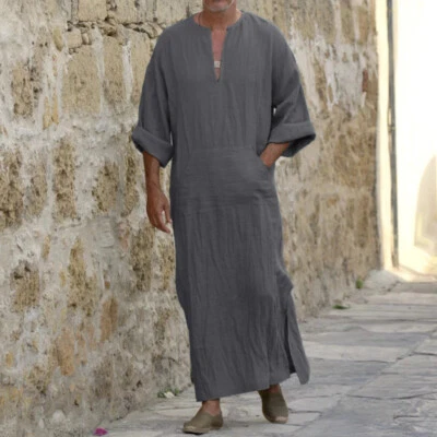 Men Cotton Linen Long T Shirt Middle Eastern Muslim Arab Robe Kaftan Thobe Tops - Image 1 of 4