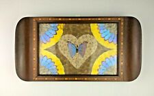Vintage Wood Inlaid Blue Gold BUTTERFLY WING Heart Shape Collectible Tray ART