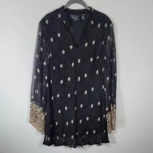 Vintage Women 100% Silk Sheer Long Sleeve Tunic Top Size 2X Black Fairy Whimsy - Picture 1 of 12