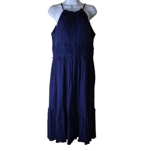 Eliza J Halter Dress Size 12 Dark Navy Blue Lace Cotton Gauze Ruffled - Imagen 1 de 5