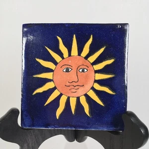 Mexican Terra Cotta Tile Sun Motif Hand Made 4.25” Blue Yellow - Picture 1 of 2