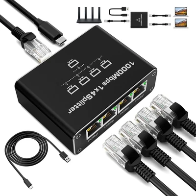 Switch Ethernet 4 Porte 1000Mbps - Sdoppiatore Di Rete LAN RJ45 Gigabit Con Cavo - Immagine 1 di 4