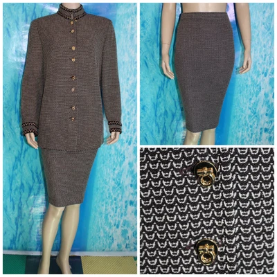 ST. JOHN Knits Collection Brown Cream JACKET Skirt L 12 10 2pc Suit Gold Buttons - Image 1 of 4
