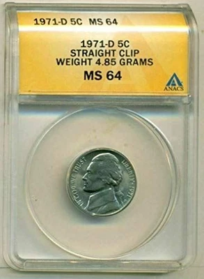 1971 D Jefferson Nickel Error Straight Clip MS64 ANACS - Image 1 of 4