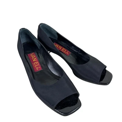 VAN ELi East Black Satin Block Heel Open Toe Slip On Pumps Leather Sole Size 7 - Image 1 of 4