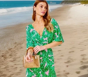 Neu mit Etikett Lilly Pulitzer Brantley Midi-Wickelkleid Muschelpink Lets Go Bananen M - Bild 1 von 6