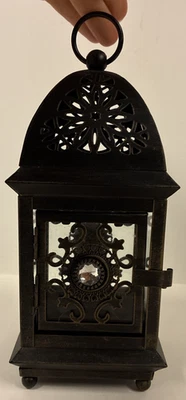Black Metal Lantern Holds Tea Light candle, Metal and Glass, clear Rhinestone - Image 1 of 4