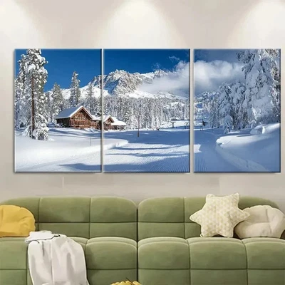 3pcs Village Scene with Sugar Bowl Ski VI Wall Art Canvas Framed 50x70cm - Image 1 of 2