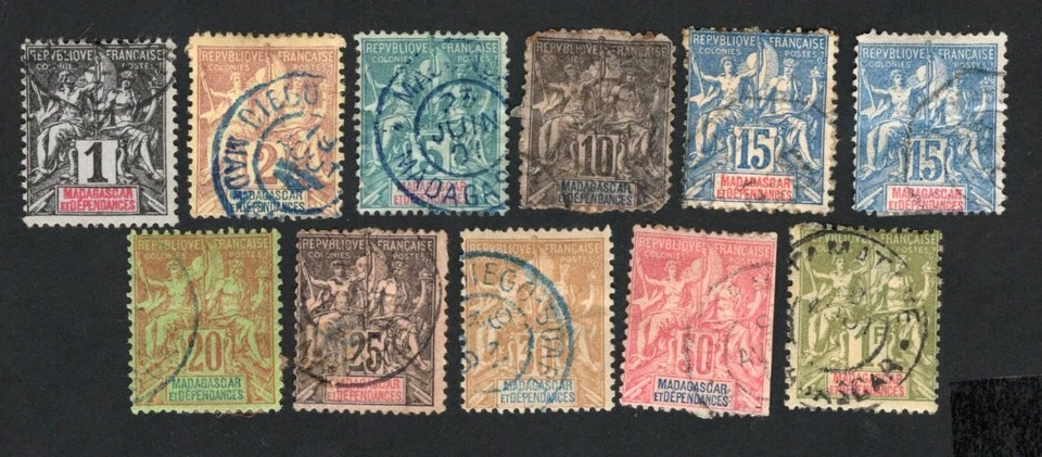 Sellos de Madagascar 1896 Mi#28-29+31-36+38+40 usados CV=26$ Foto 1 de 1