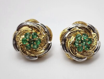 18K Two Tone Multi Color Gold Flower Emerald & Diamond French Clip Earrings - Image 1 of 4