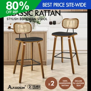 ALFORDSON 2x Bar Stools Kitchen Vintage Leather Seat Rattan Chair Wooden Black - Picture 1 of 11