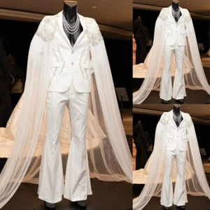 Fashion White Men's Suit with Cape Streetshot Beaded Formal Wedding Groom Tuxedo - Picture 1 of 16