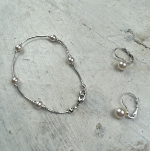 Vintage Bracelet Earring Set 3pc Sterling Silver Faux Pearl Ivory Studded Set
