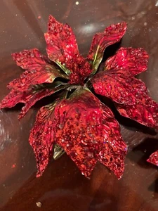 Vintage Neiman Marcus Small Sparkly Red Color Flowers Christmas Ornaments. - Picture 1 of 9