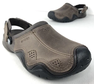 Crocs Swiftwater Clog Men’s 8 Brown Leather Water Shoes Comfort Slip-on Sport - Picture 1 of 12