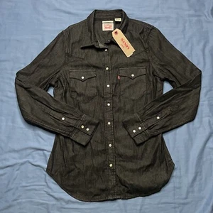 New LEVI’S Tailored Fit Denim Western Shirt SMALL Pearl Snap Black Levi Strauss - Picture 1 of 8