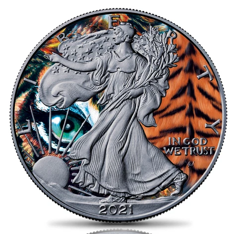 1 oz Silver American Eagle - Spirit Animals - The Tiger - Colorized & Ruthenium Cover