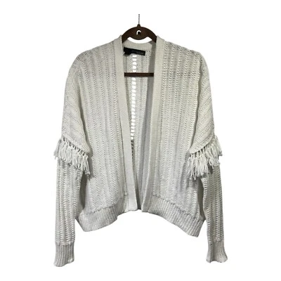 360 Sweater Italian Yarn Open Cardigan White  Cotton Sleeve Fringe Size M - Image 1 of 4