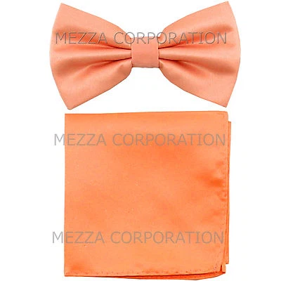 New formal men's pre tied Bow tie & Pocket Square Hankie solid peach wedding - Image 1 of 4