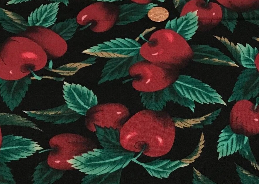Luscious Red Cherries*Green Leaves*Black* Hoffman California*100% Cotton* 8:x21" - Image 1 of 4
