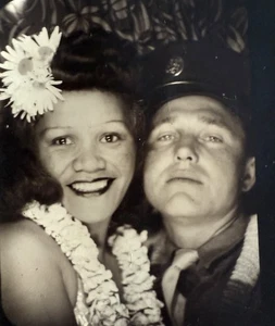 Vintage Photo Booth 1940s Beautiful Local Hawaiian Hula Girl w Handsome Soldier - Picture 1 of 3
