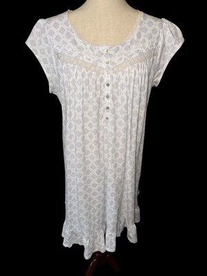Eileen West Nightgown White Purple Geometric Short Sleeve Cottagecore L Cotton - Image 1 of 4
